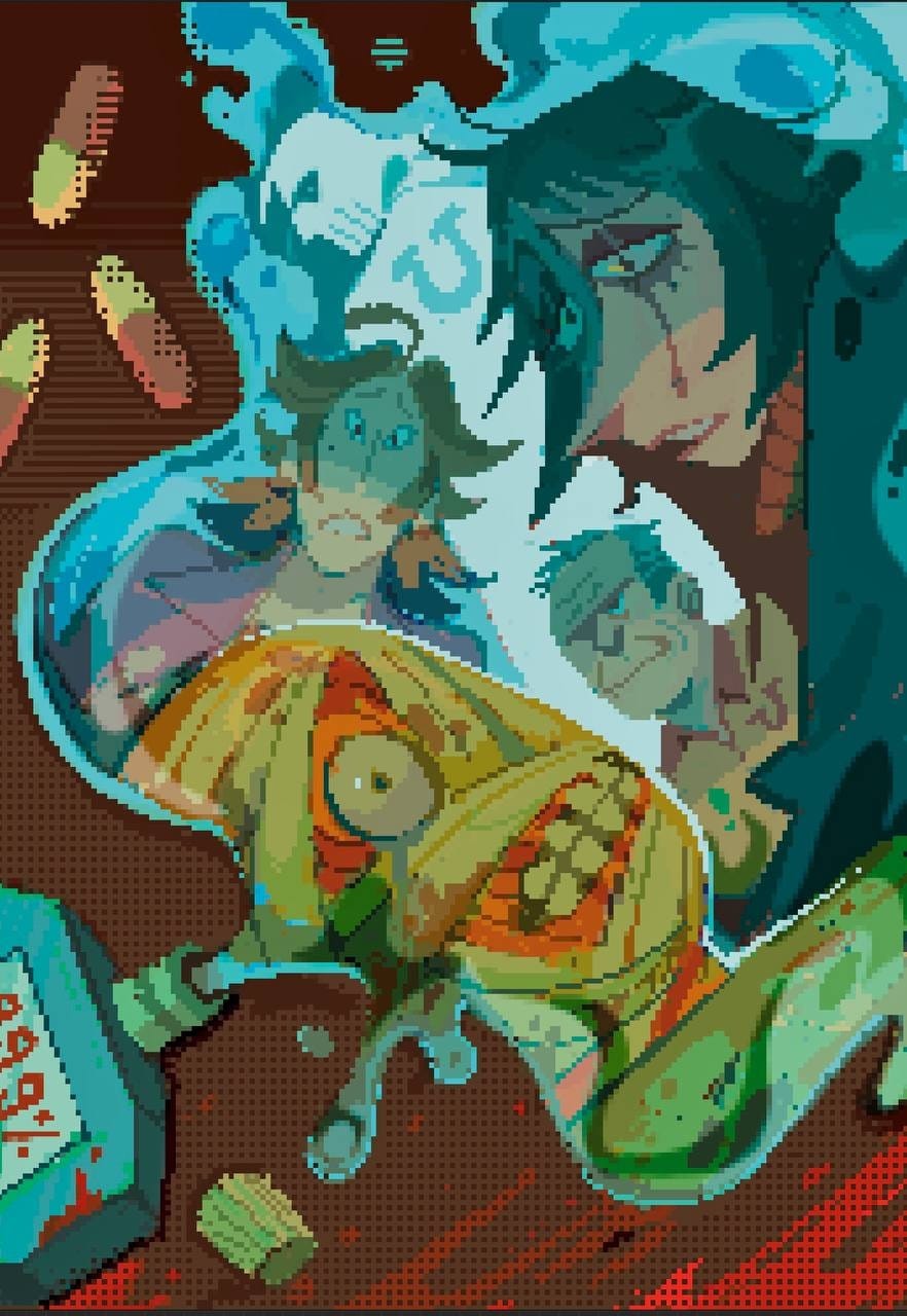 a pixel art image of a bottle of mouthwash spilled to reflect the characters in the game Mouthwashing