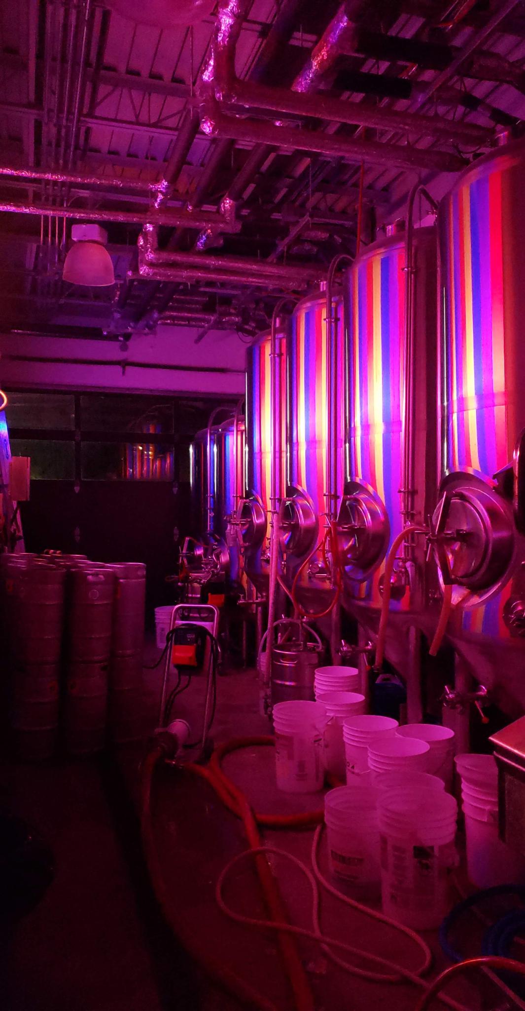 A picture of a brewery at night. There's kegs and buckets all over the floor and the tanks are lit up in pink, purple and yellow.