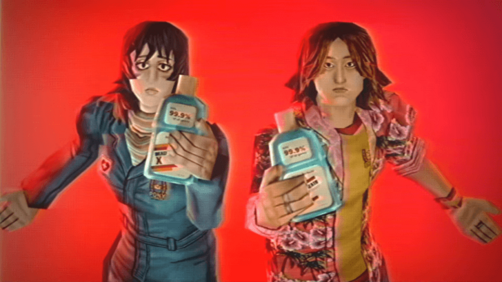 A promotional screenshot from the game Mouthwashing featuring the characters Anya and Daisuke holding bottles of blue mouthwash.
